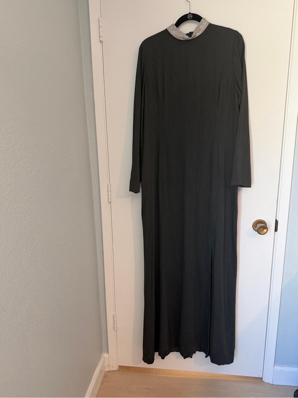 Charcoal Wool Blend Ellen Tracey Maxi Dress with Rhinestone Collar